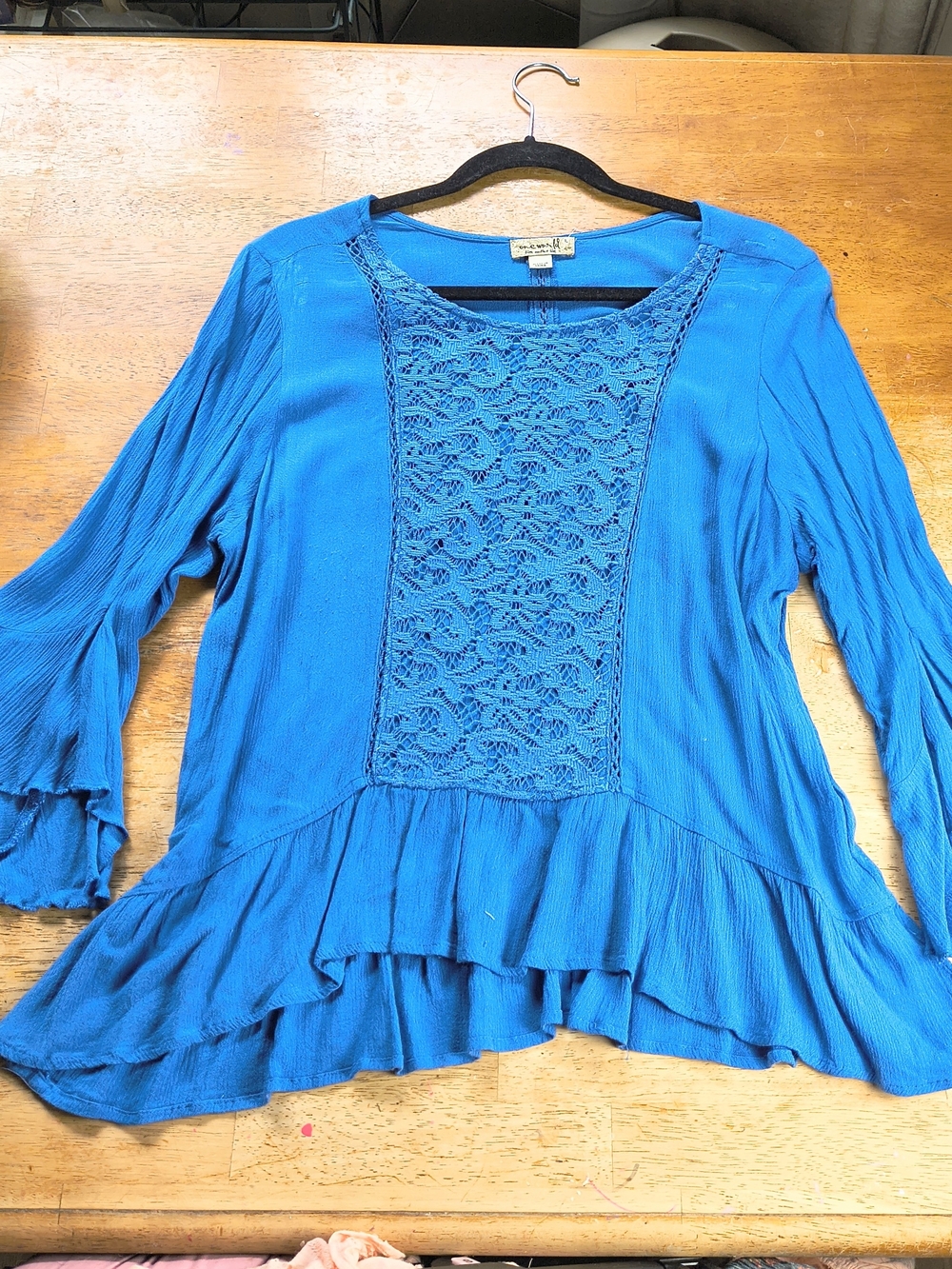 Blue boho rayon lace gauze peasant blouse with bell sleeves and ruffle bottom